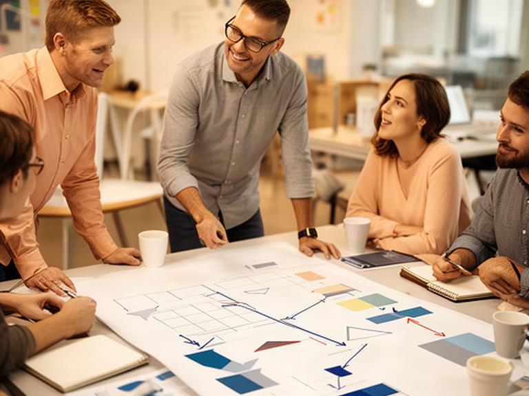 Líder de equipo revisando un mapa de decisiones creativas junto a sus compañeros