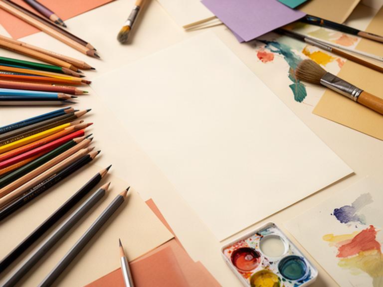 Materiales de dibujo y hojas de trabajo organizados para un taller creativo
