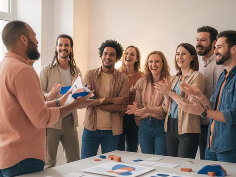 Equipo diverso compartiendo resultados de un ejercicio en una sala de formación de Vitoria-Gasteiz