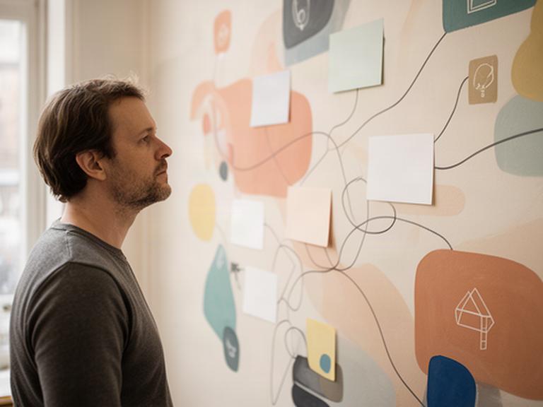 Participante observando un mural de conexiones e ideas durante una sesión de aprendizaje creativo